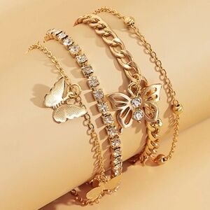 Dainty 4 Layered Crystal Heart Butterfly Charm Anklet Set, Foot Jewelry